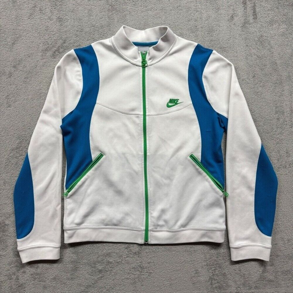 Vintage Nike Full Zip Track Jacket Womens XL‎ White Blue Swoosh Embroidered Gym